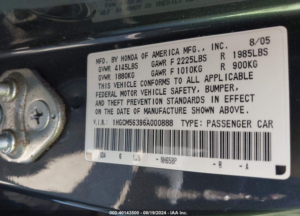 2006 HONDA ACCORD 2.4 SE VIN: 1HGCM56396A000888