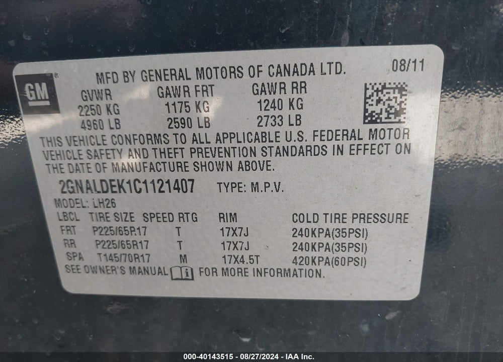 2012 CHEVROLET EQUINOX 1LT VIN: 2GNALDEK1C1121407