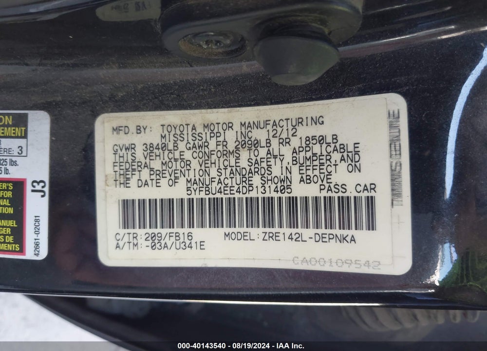 2013 TOYOTA COROLLA LE VIN: 5YFBU4EE4DP131405