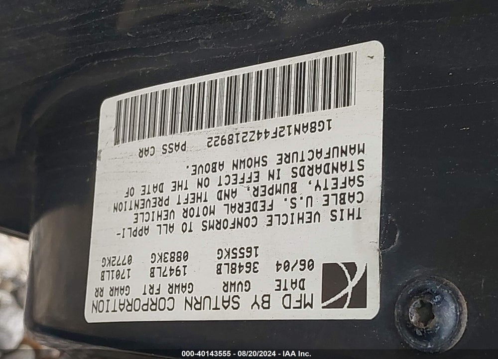 2004 SATURN ION 2 VIN: 1G8AN12F44Z218922