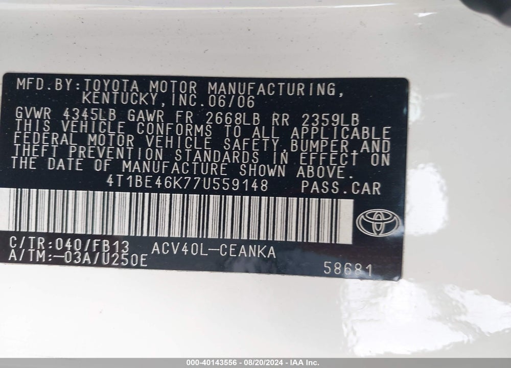 2007 TOYOTA CAMRY LE VIN: 4T1BE46K77U559148