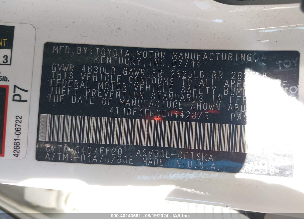 2014 TOYOTA CAMRY SE VIN: 4T1BF1FK0EU442875