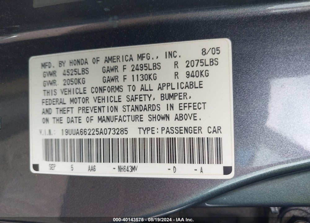 2005 ACURA TL VIN: 19UUA66225A073285