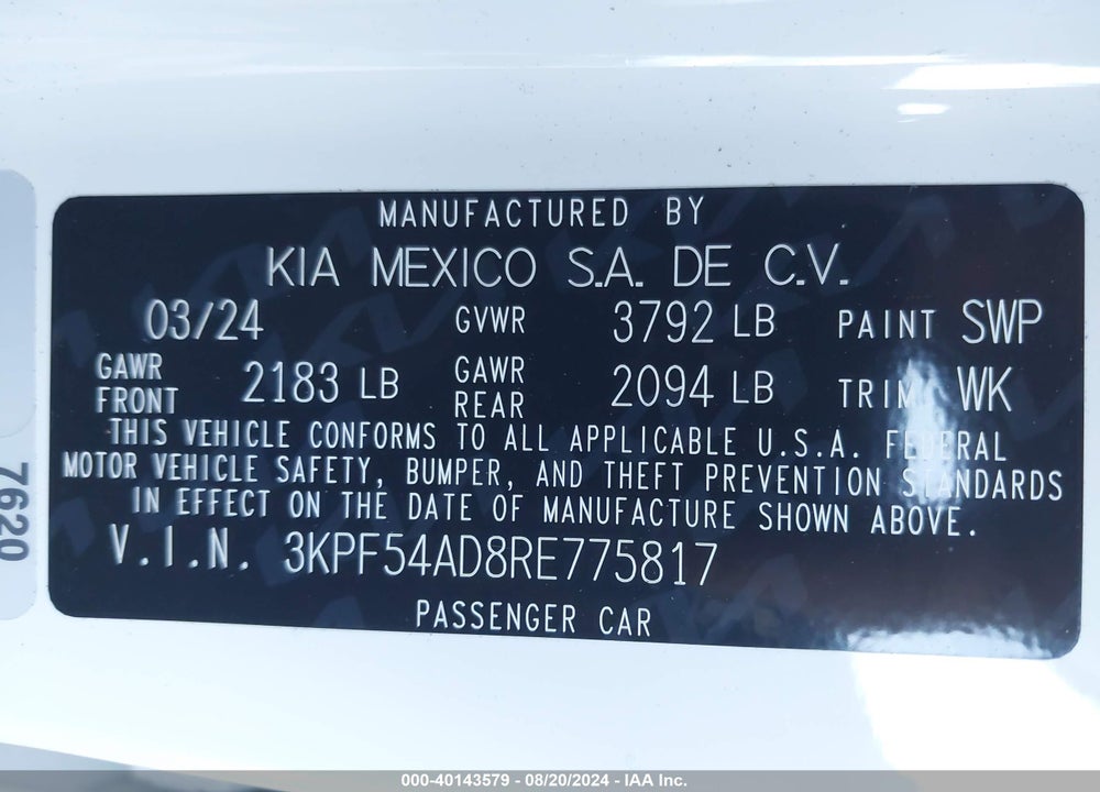 2024 KIA FORTE GT LINE VIN: 3KPF54AD8RE775817