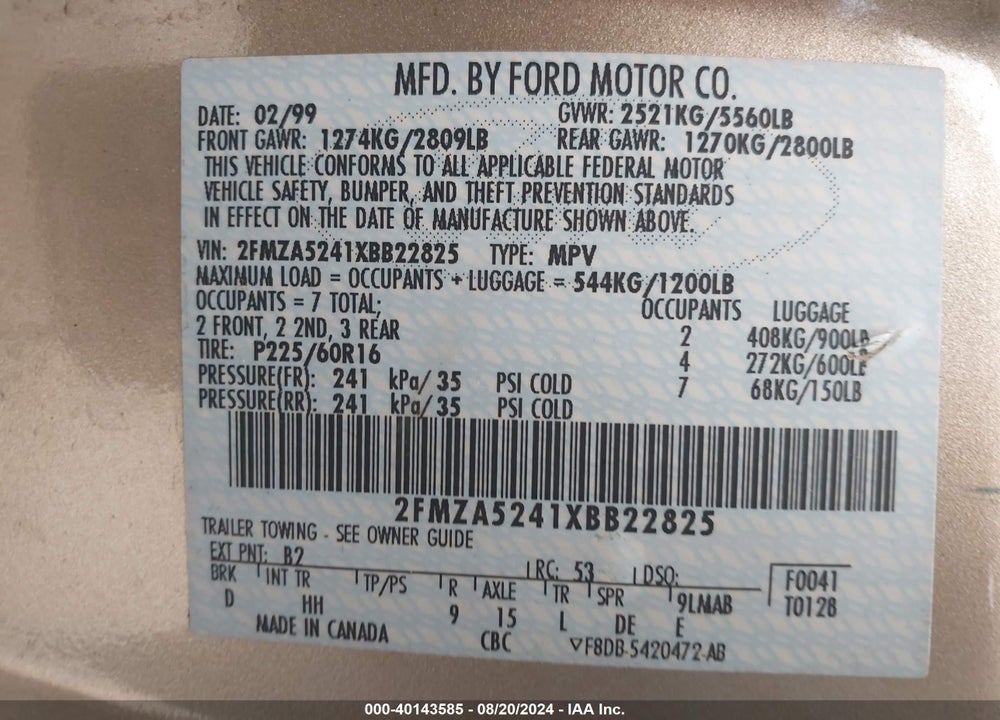 1999 FORD WINDSTAR VIN: 2FMZA5241XBB22825