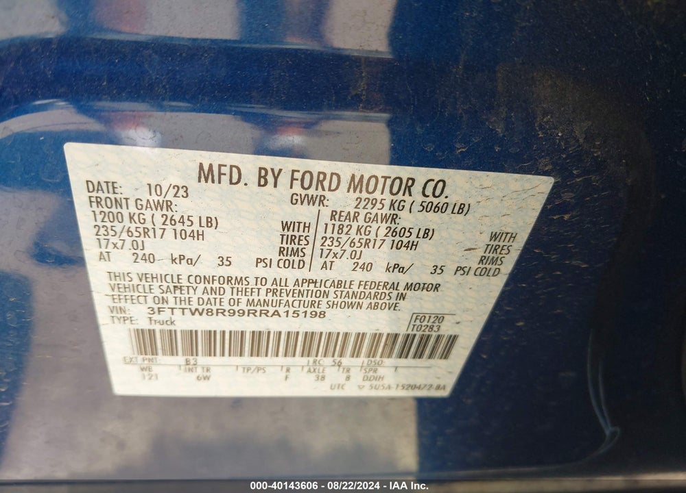 2024 FORD MAVERICK LARIAT VIN: 3FTTW8R99RRA15198