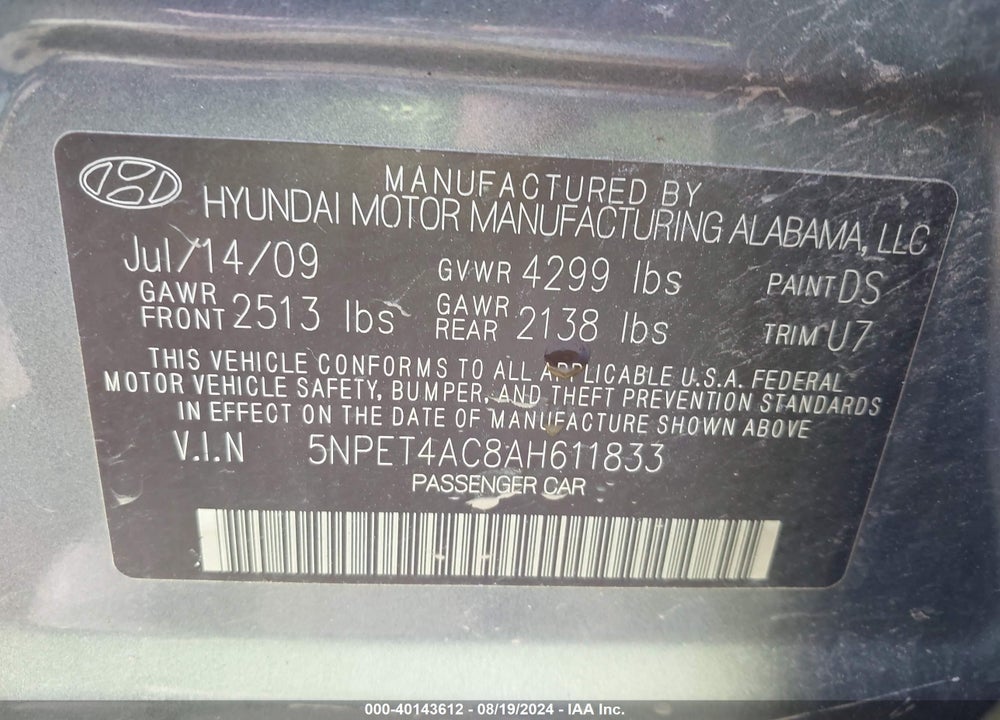 2010 HYUNDAI SONATA GLS VIN: 5NPET4AC8AH611833