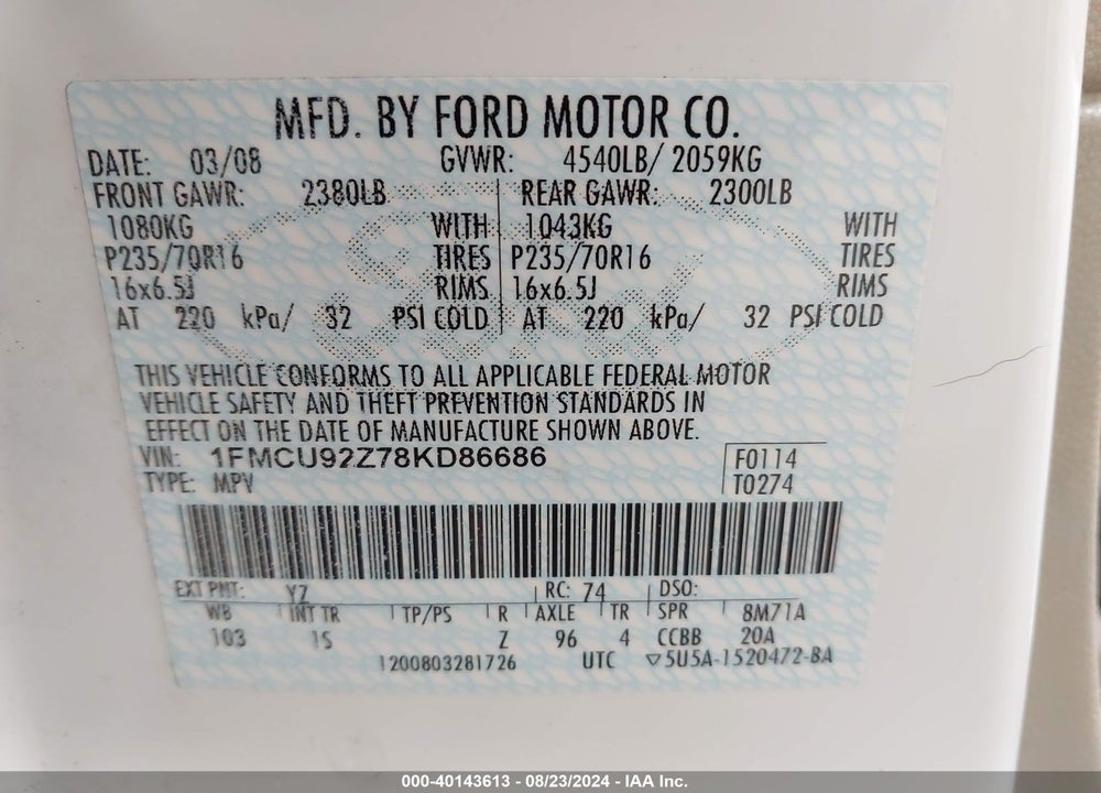 2008 FORD ESCAPE XLS VIN: 1FMCU92Z78KD86686