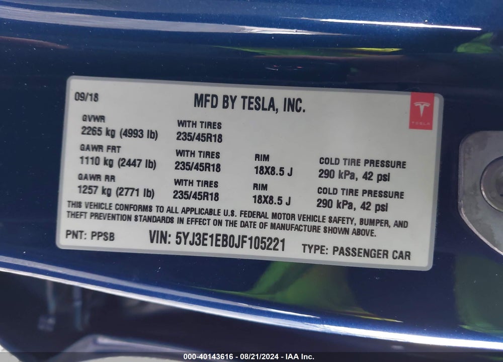 2018 TESLA MODEL 3 LONG RANGE/PERFORMANCE VIN: 5YJ3E1EB0JF105221