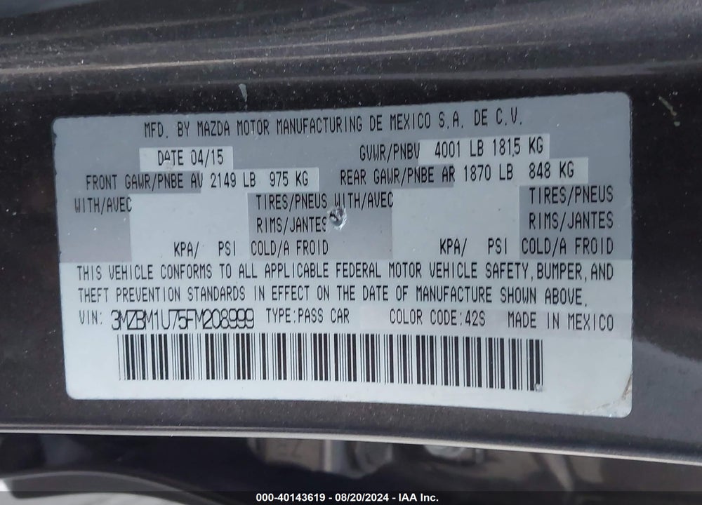 2015 MAZDA 3 I SPORT VIN: 3MZBM1U75FM208999