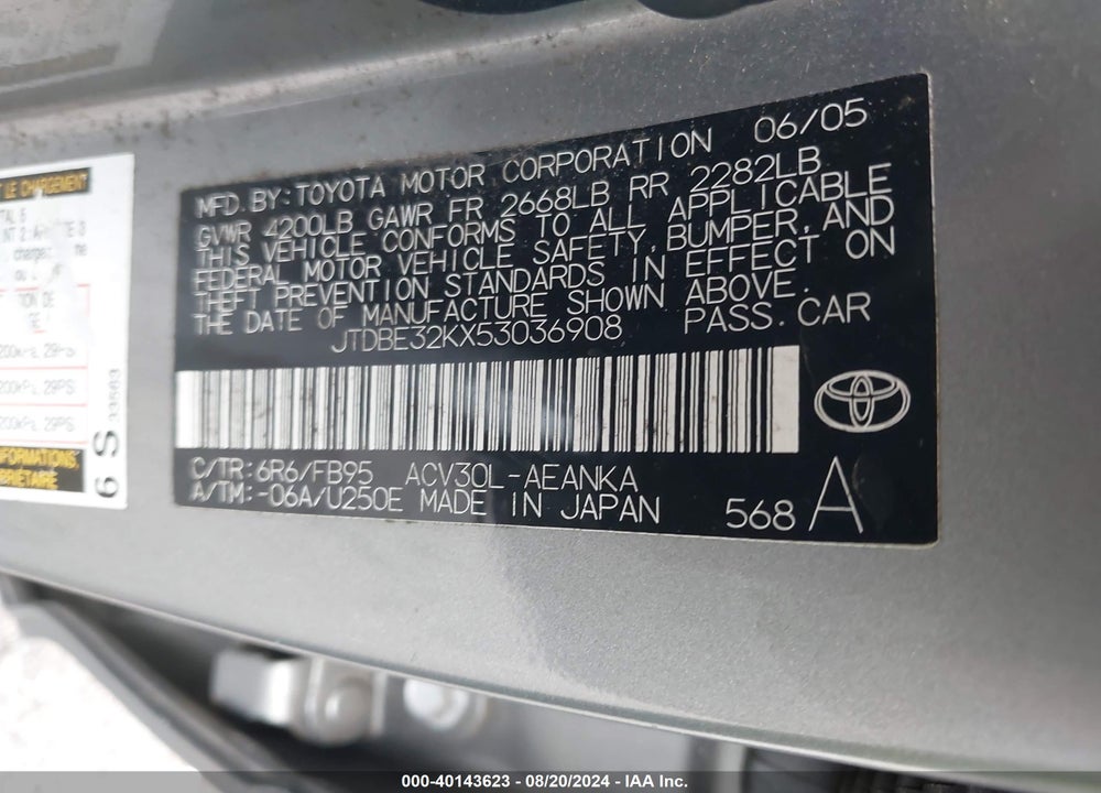 2005 TOYOTA CAMRY LE VIN: JTDBE32KX53036908