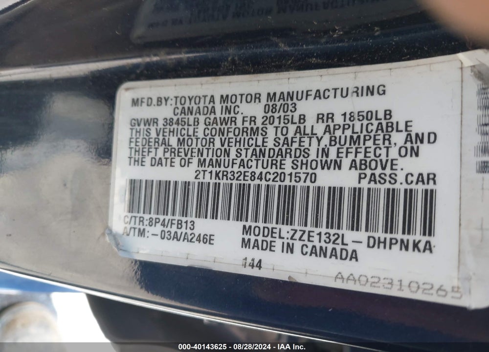 2004 TOYOTA MATRIX/XR VIN: 2T1KR32E84C201570