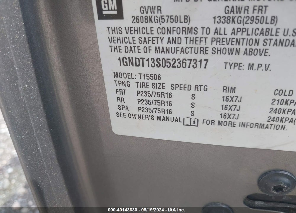 2005 CHEVROLET TRAILBLAZER LS VIN: 1GNDT13S052367317
