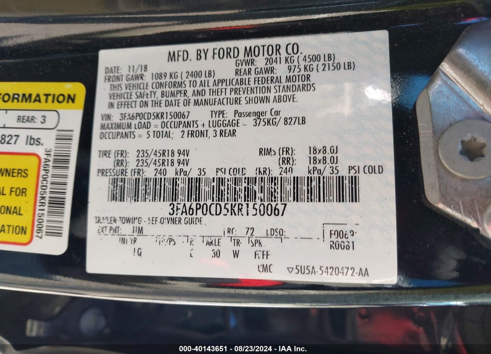 2019 FORD FUSION SEL VIN: 3FA6P0CD5KR150067