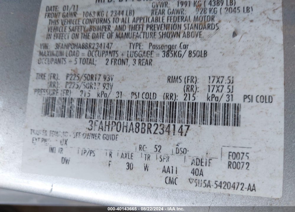 2011 FORD FUSION VIN: 3FAHP0HA8BR234147