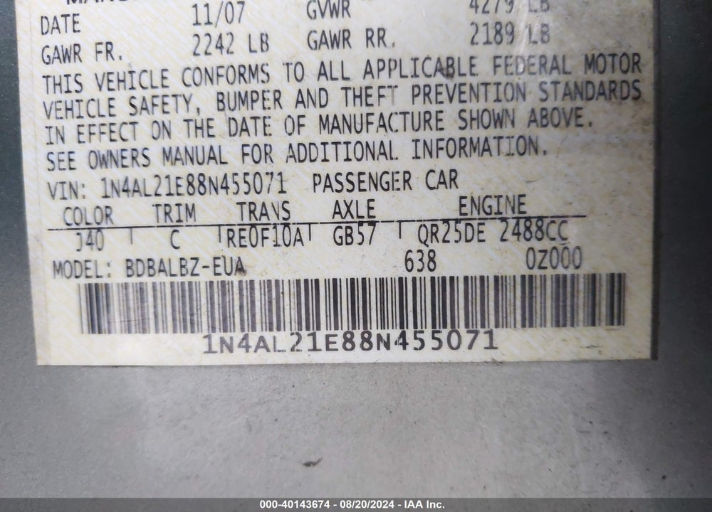 2008 NISSAN ALTIMA 2.5 S VIN: 1N4AL21E88N455071