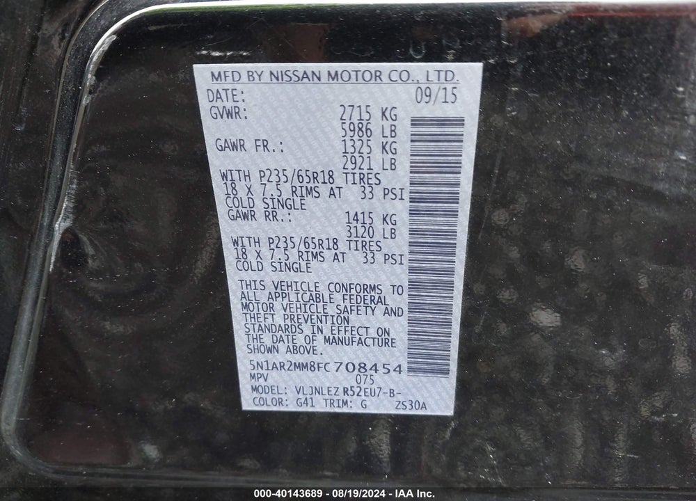 2015 NISSAN PATHFINDER SV VIN: 5N1AR2MM8FC708454