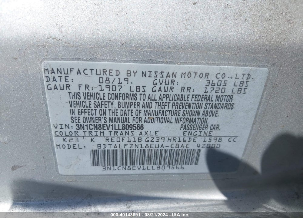 2020 NISSAN VERSA SV XTRONIC CVT VIN: 3N1CN8EV1LL809566