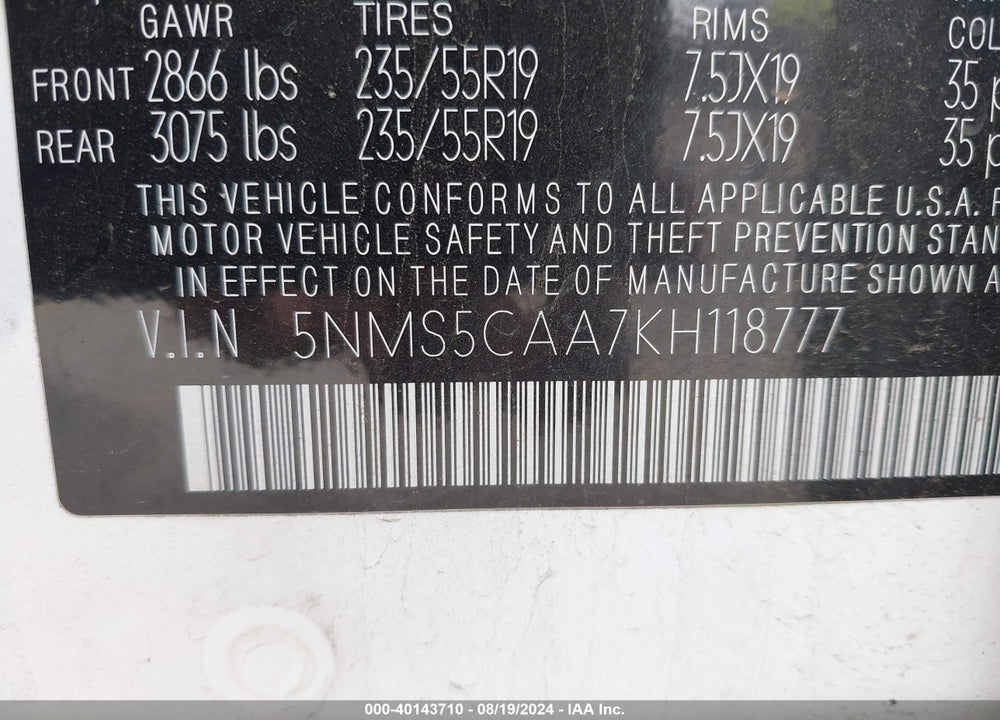 2019 HYUNDAI SANTA FE LIMITED 2.0T VIN: 5NMS5CAA7KH118777