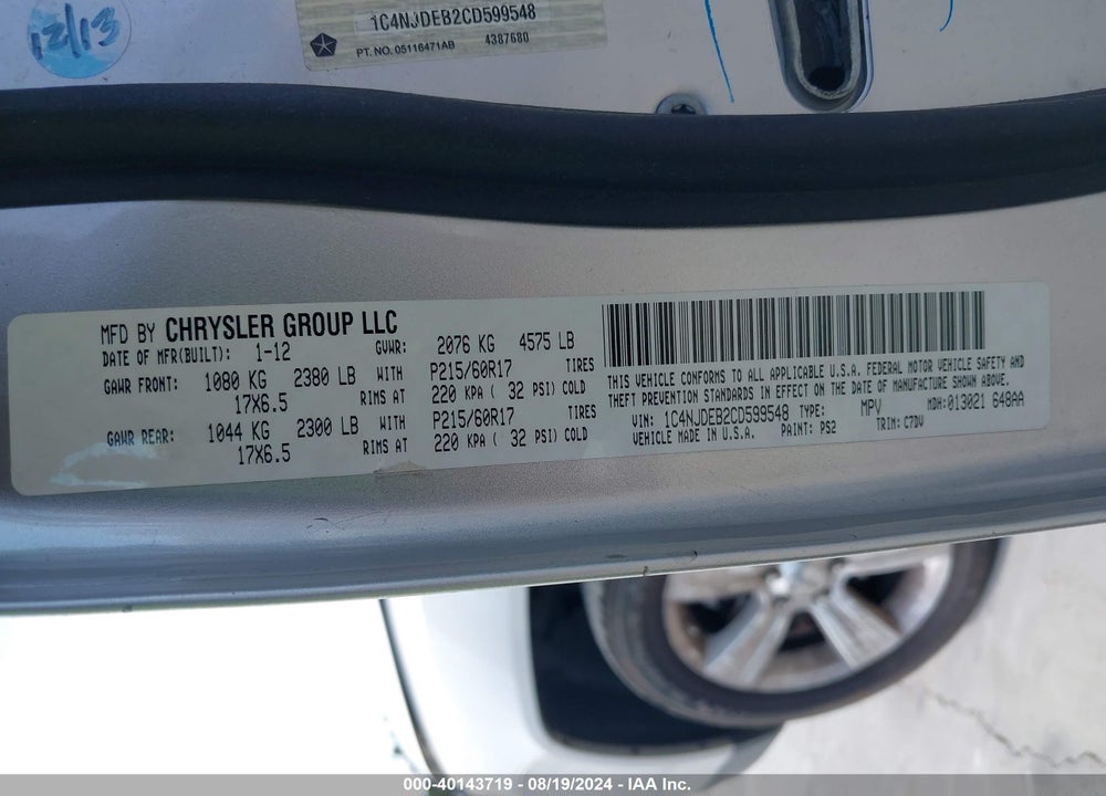 2012 JEEP COMPASS LATITUDE VIN: 1C4NJDEB2CD599548