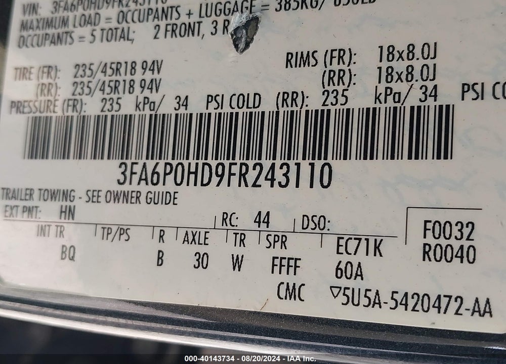 2015 FORD FUSION SE VIN: 3FA6P0HD9FR243110