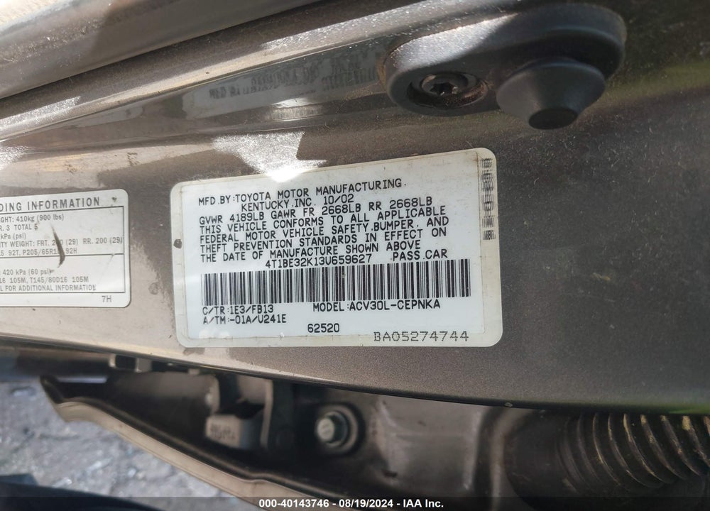 2003 TOYOTA CAMRY LE VIN: 4T1BE32K13U659627