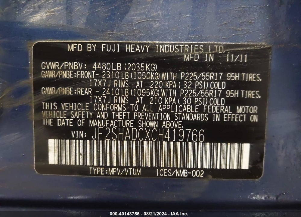 2012 SUBARU FORESTER 2.5X PREMIUM VIN: JF2SHADCXCH419766