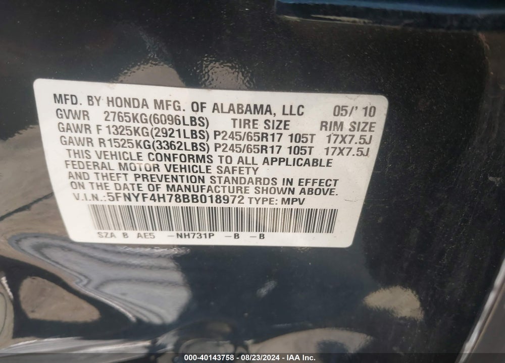 2011 HONDA PILOT EX-L VIN: 5FNYF4H78BB018972