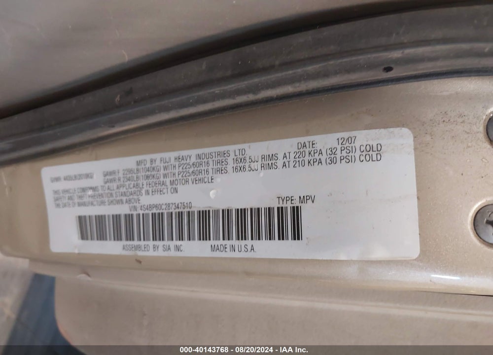 2008 SUBARU OUTBACK VIN: 4S4BP60C287347510