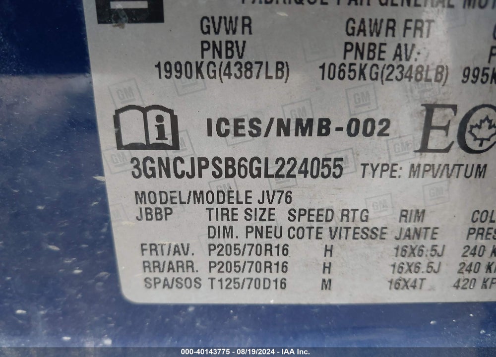 2016 CHEVROLET TRAX LT VIN: 3GNCJPSB6GL224055