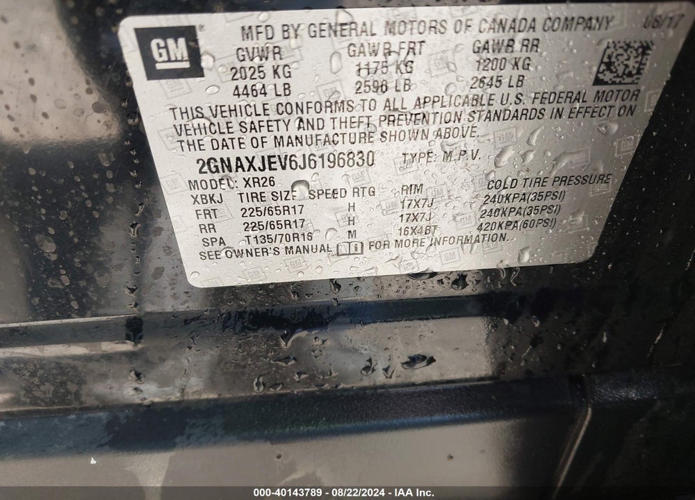 2018 CHEVROLET EQUINOX LT VIN: 2GNAXJEV6J6196830
