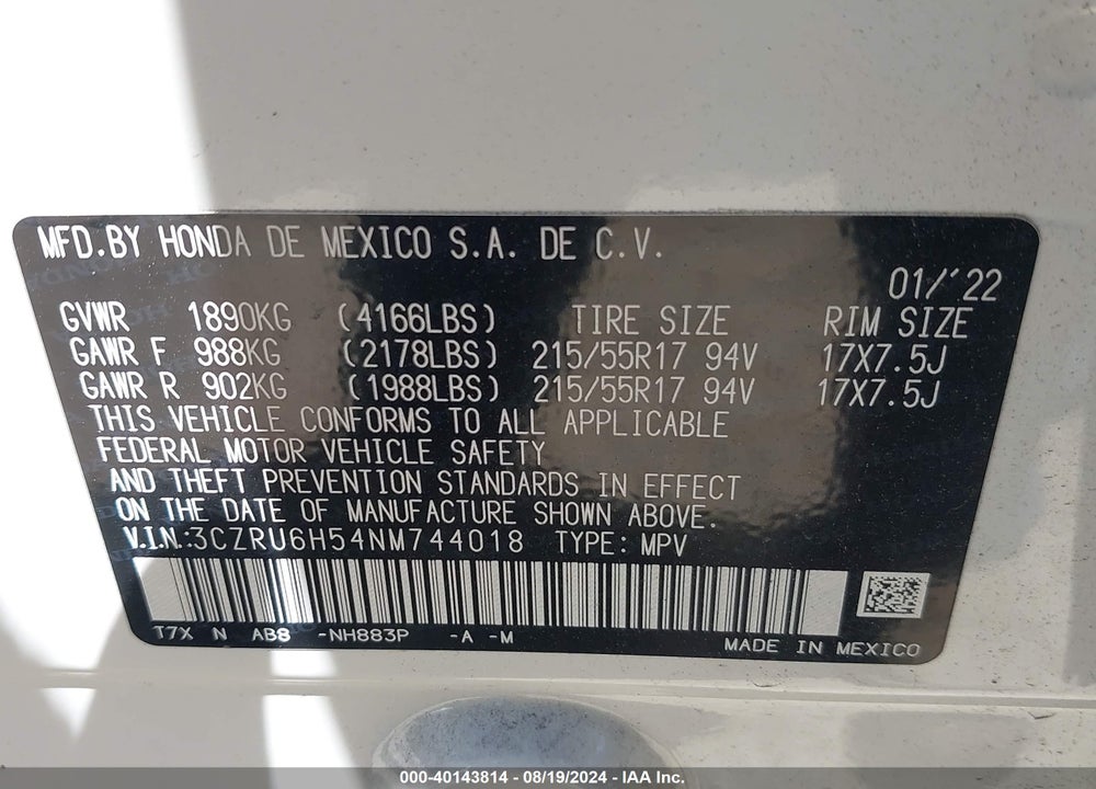 2022 HONDA HR-V AWD EX VIN: 3CZRU6H54NM744018