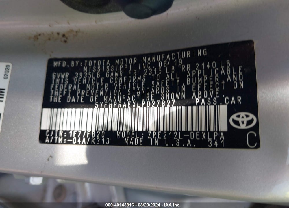 2020 TOYOTA COROLLA LE VIN: 5YFHPRAEXLP027827