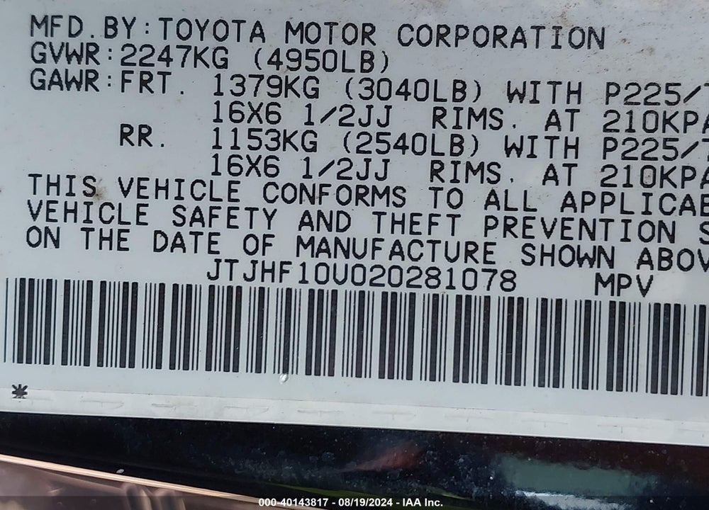 2002 LEXUS RX 300 VIN: JTJHF10U020281078