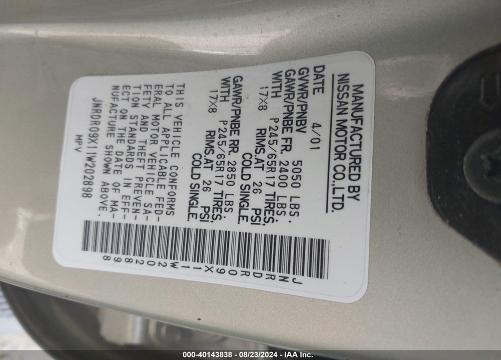 2001 INFINITI QX4 LUXURY VIN: JNRDR09X11W202898