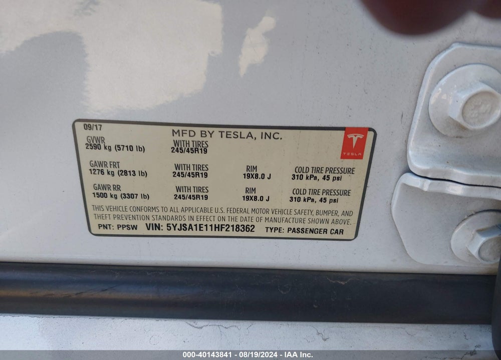 2017 TESLA MODEL S 60/75 VIN: 5YJSA1E11HF218362