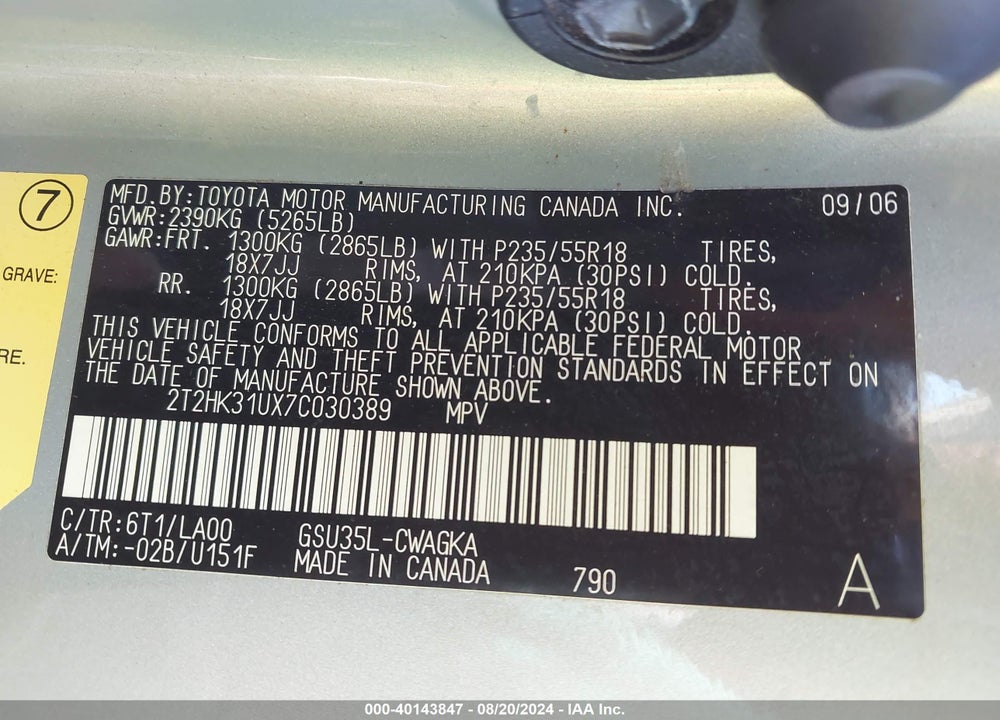 2007 LEXUS RX 350 VIN: 2T2HK31UX7C030389