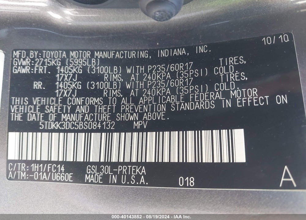 2011 TOYOTA SIENNA LE V6 VIN: 5TDKK3DC5BS084132