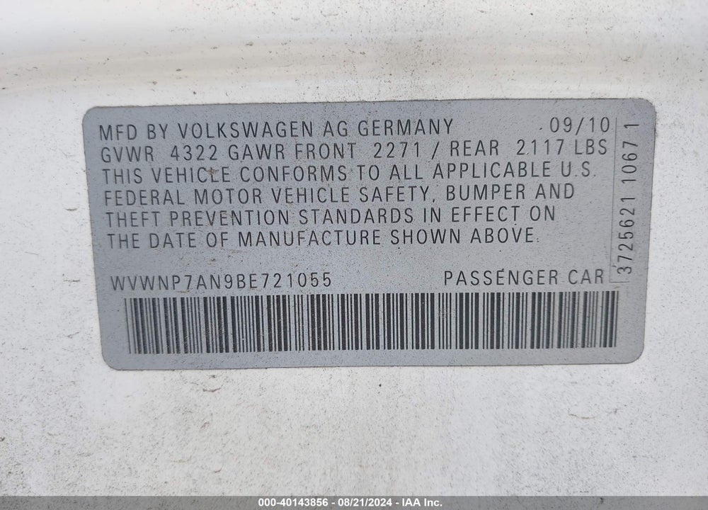 2011 VOLKSWAGEN CC SPORT VIN: WVWNP7AN9BE721055