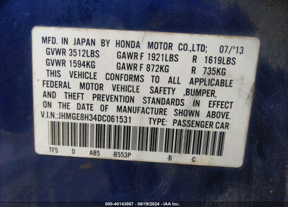 2013 HONDA FIT VIN: JHMGE8H34DC061531