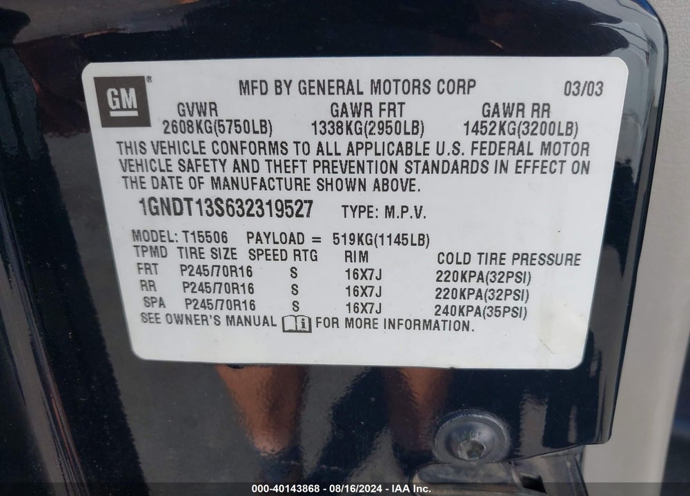 2003 CHEVROLET TRAILBLAZER LS VIN: 1GNDT13S632319527