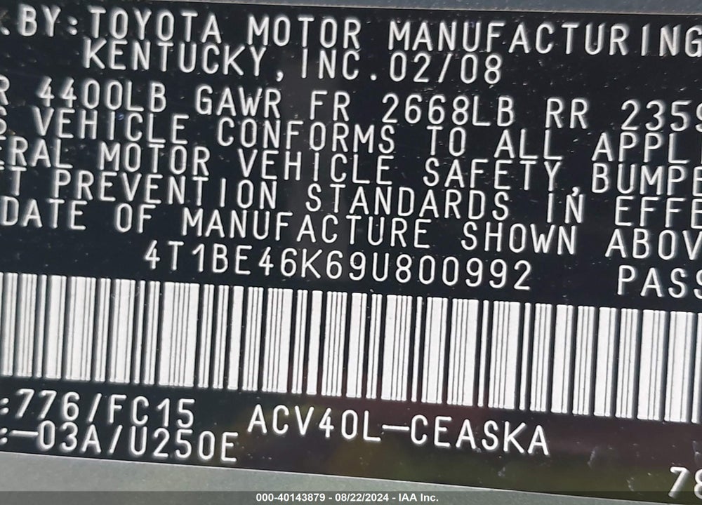 2009 TOYOTA CAMRY SE VIN: 4T1BE46K69U800992