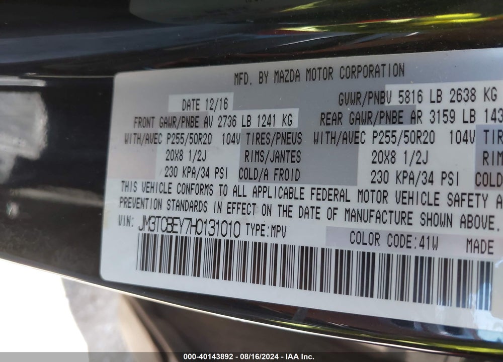 2017 MAZDA CX-9 SIGNATURE VIN: JM3TCBEY7H0131010