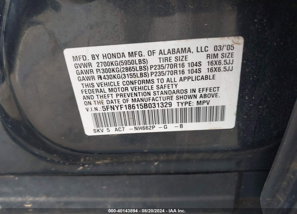 2005 HONDA PILOT EX-L VIN: 5FNYF18615B031329