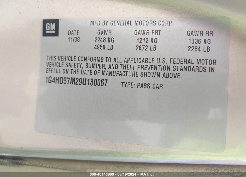 2009 BUICK LUCERNE CXL VIN: 1G4HD57M29U130067