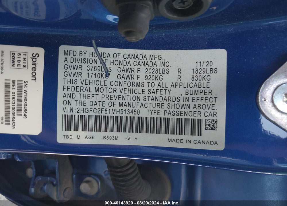 2021 HONDA CIVIC SPORT VIN: 2HGFC2F81MH513450