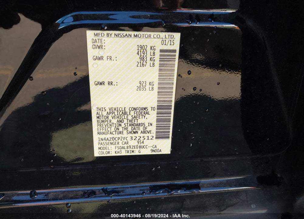 2015 NISSAN LEAF S VIN: 1N4AZ0CP2FC322512