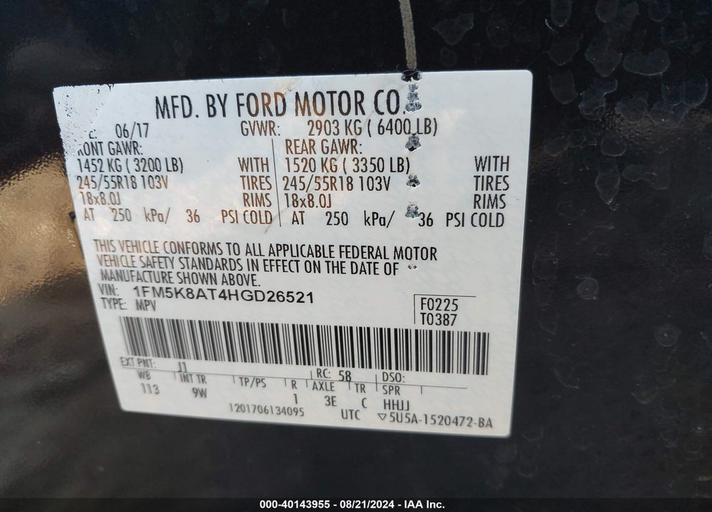 2017 FORD UTILITY POLICE INTERCEPTOR VIN: 1FM5K8AT4HGD26521
