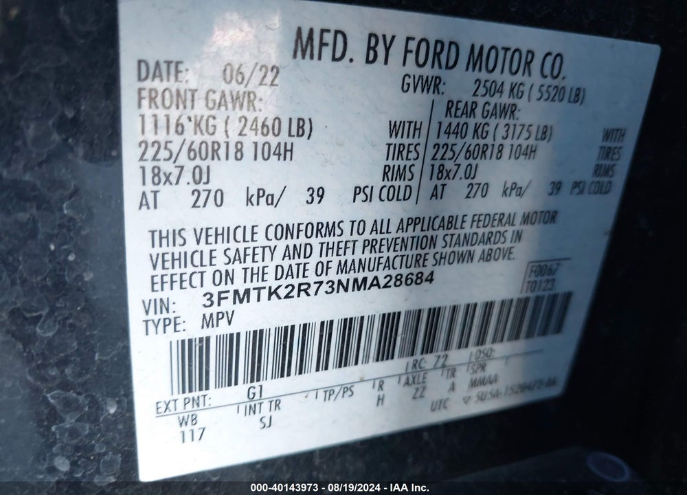 2022 FORD MUSTANG MACH-E CALIFORNIA ROUTE 1 VIN: 3FMTK2R73NMA28684