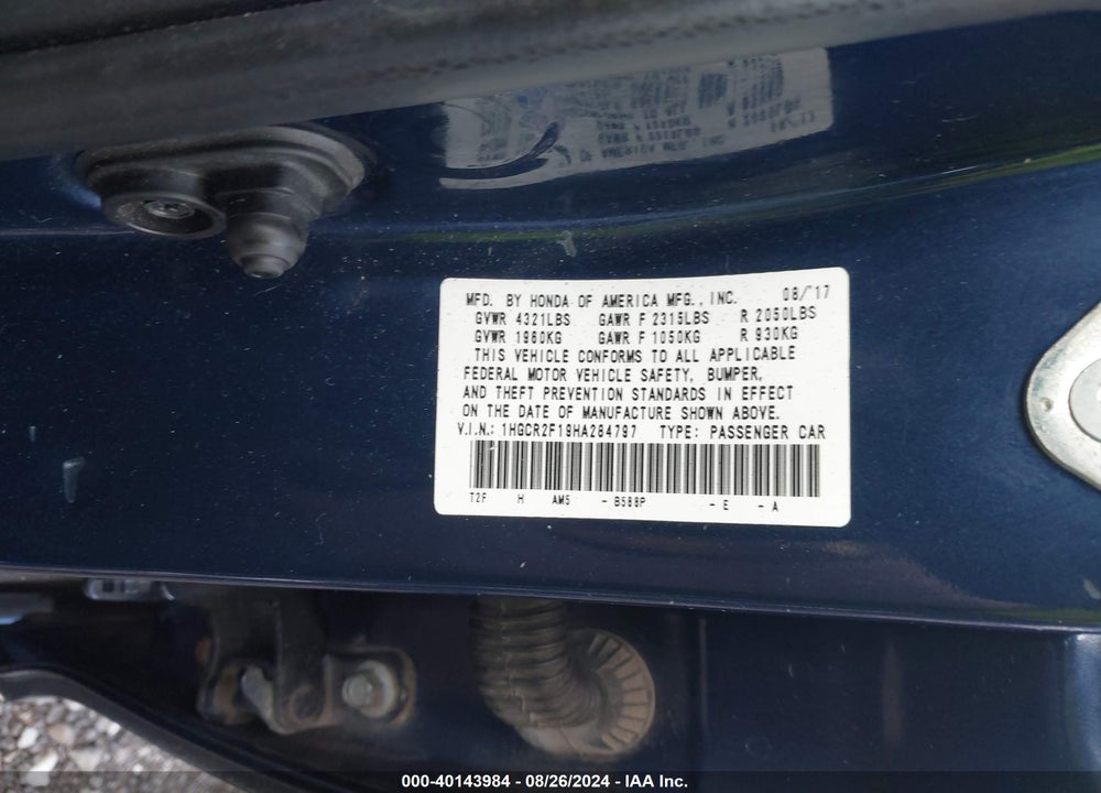 2017 HONDA ACCORD SPORT SE VIN: 1HGCR2F19HA284797